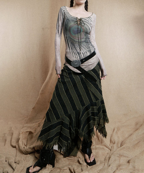 Diagonal Striped Denim Skirt